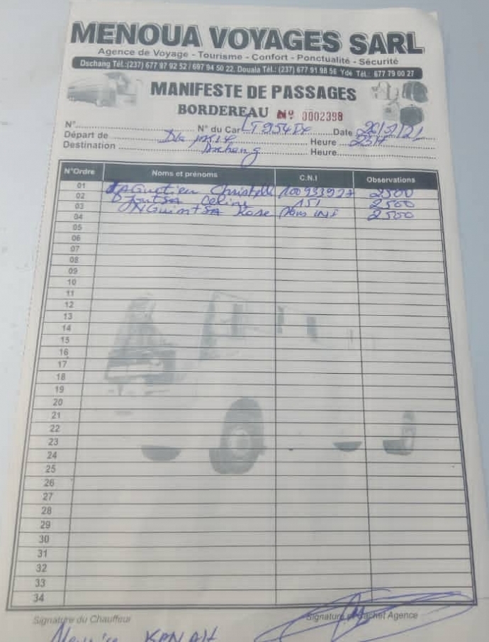 Liste des passagers dans le Bus de Menoua Voyages