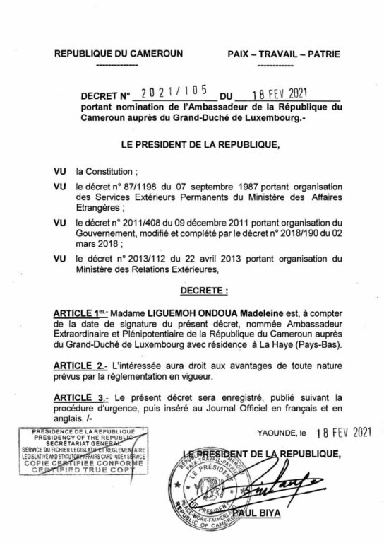 Décret  nommination Madame Liguemoh Ondoua Madeleine