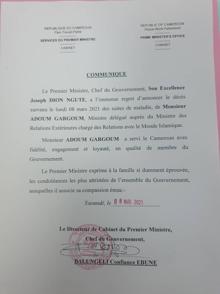 Communiqué du gouvernement - deces Adoum Gargoum