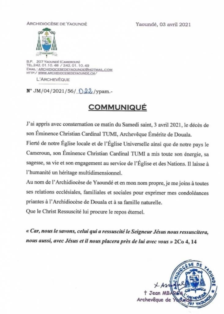 Réaction de Mgr Jean Mbarga