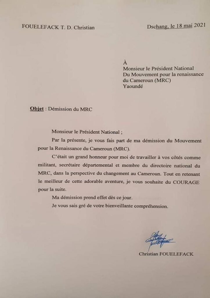 Lettre de démission du MRC rédigée par Christian Fouelefack