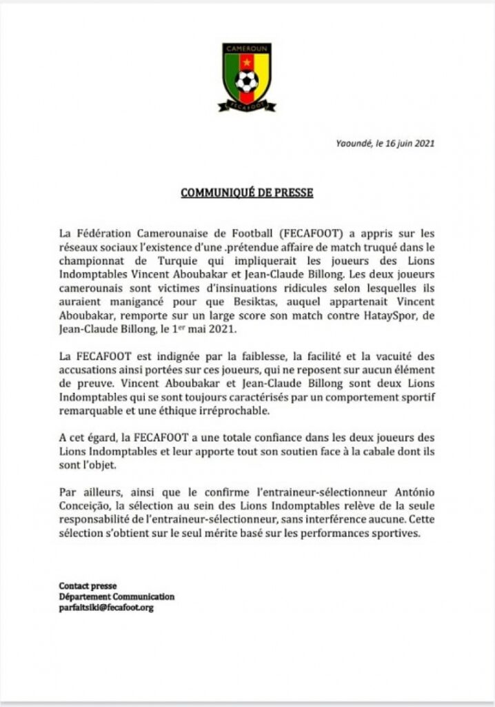 La FECAFOOT sur les accusations de corruption contre des Lions