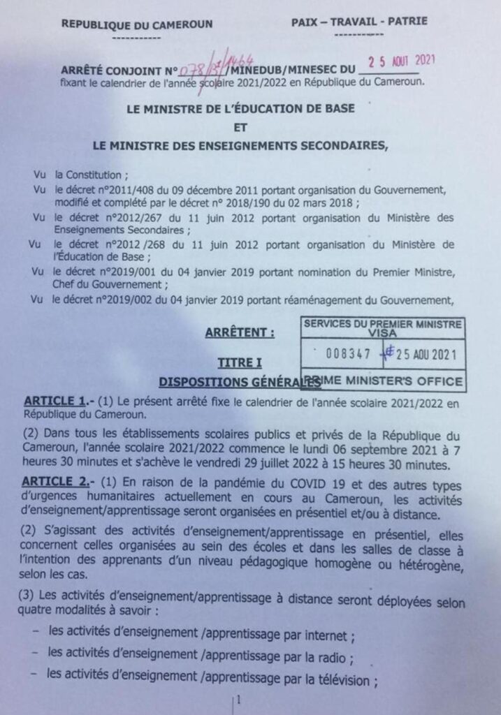 Communiqué conjoint du ministère de l’Education de Base et celui des Enseignements secondaires