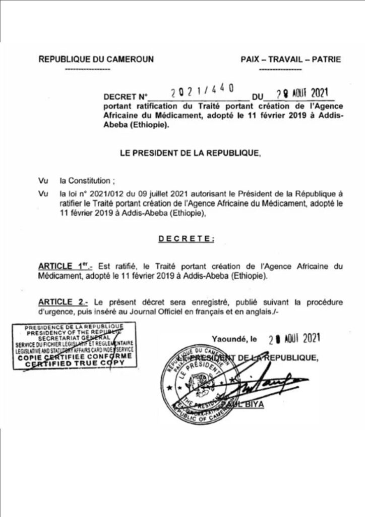 décret portant ratification du Traité portant création de l'Agence africaine du Médicament