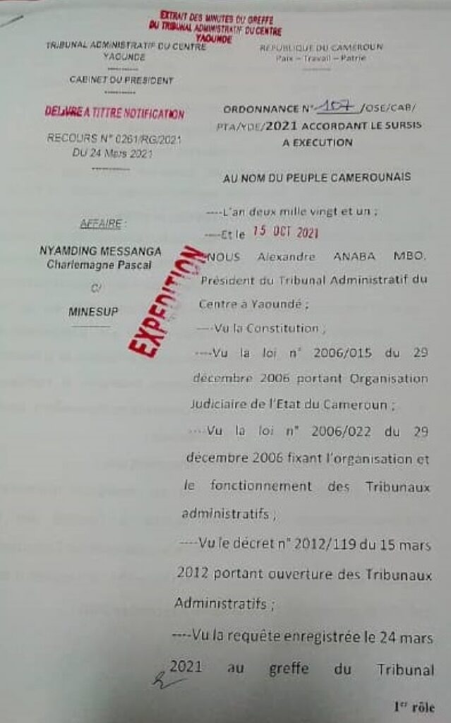 Décision justice en faveur Messanga Nyamding pg 1