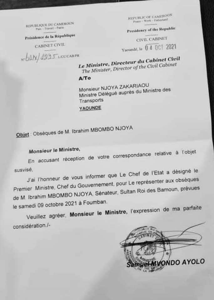 la correspondance de Samuel Mvondo Ayolo