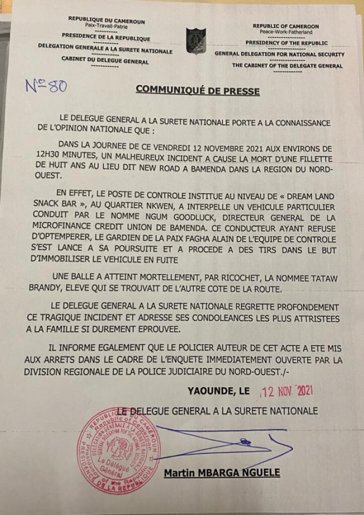 Réaction du DGSN suite tuerie par balle policière d'une élève à Bamenda