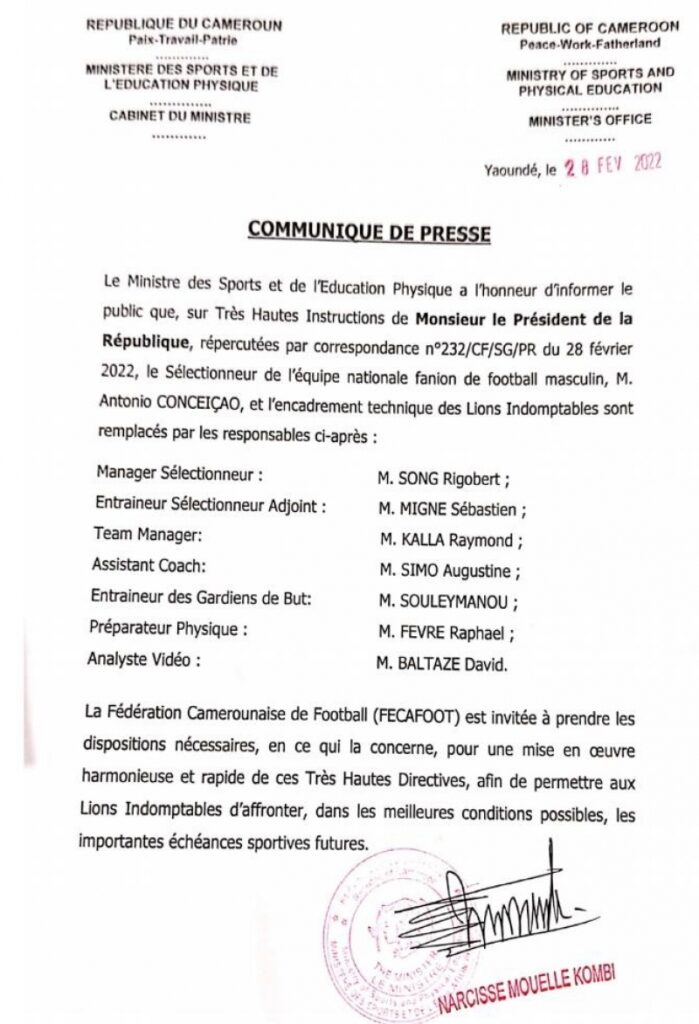 Nomination d 'un nouveau staff des Lions indomptables