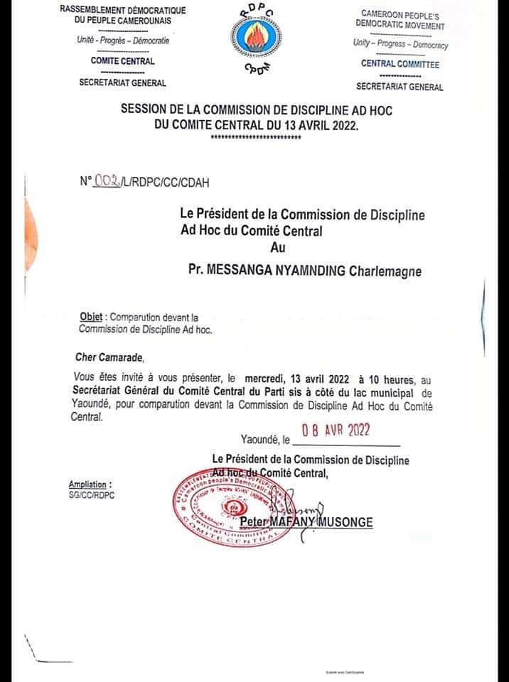 Messanga Nyamding convoqué devant la commission de discipline du RDPC