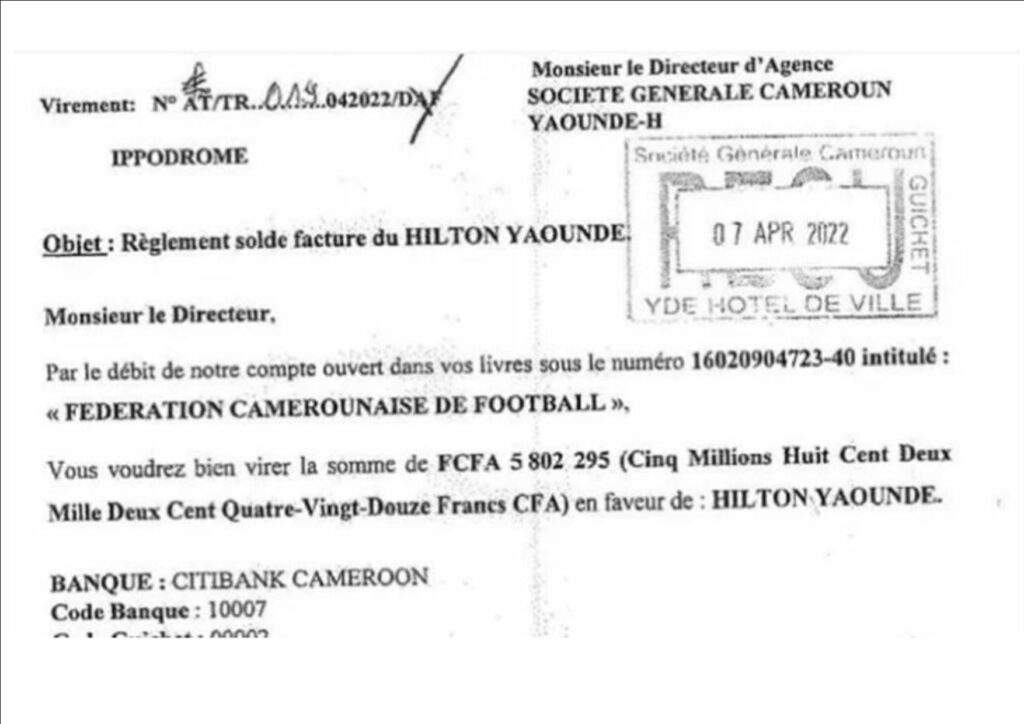 Facture Fédération camerounaise de football (Fecafoot) à l’hôtel Hilton de Yaoundé
