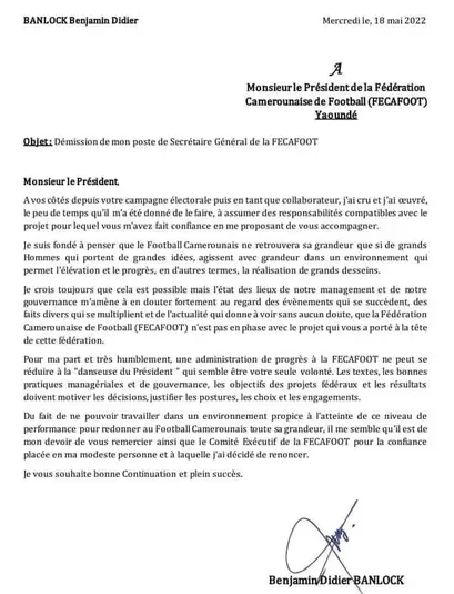 lettre de démission de Benjamin Didier Banlock à Samuel Eto’o