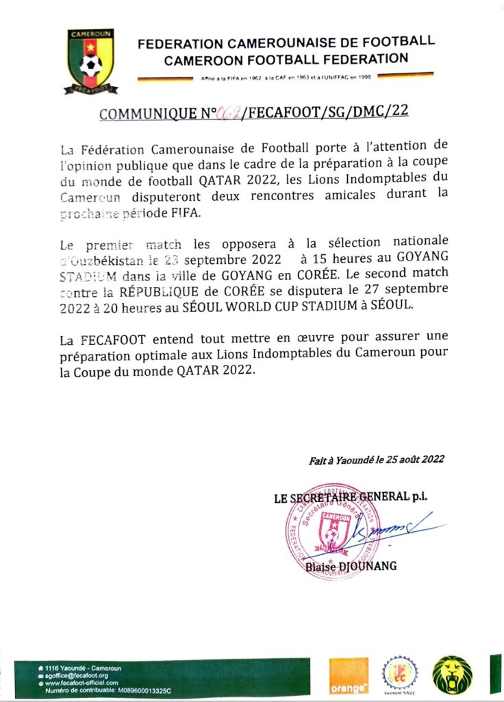 communiqué de la FECAFOOT: