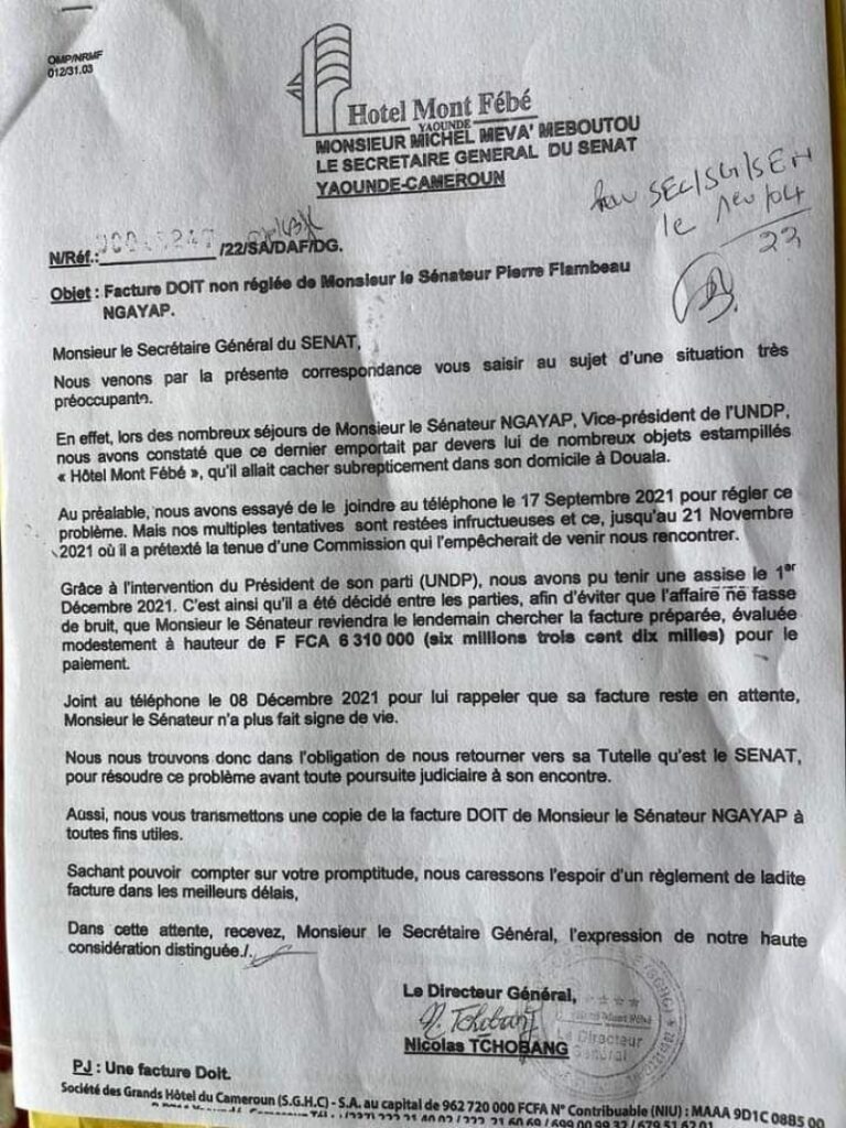 Copie de la lettre du DG de l'hôtel Mont Febe au SG du Senat 