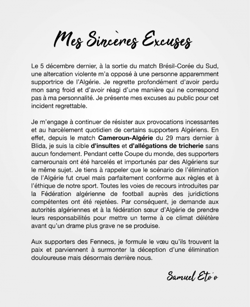 Copie lettre d'excuses de Samuel Eto’o.