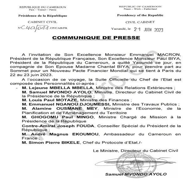 La suite officielle du chef de l'État camerounais en route pour Paris