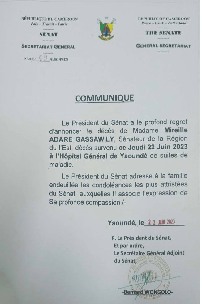 Le Communiqué du Sénat sur la mort de Mireille Adaré Gassawily