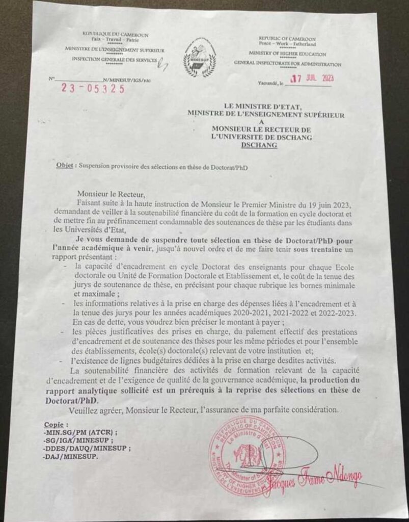 la note du Minesup au recteur de l’université de Dschang