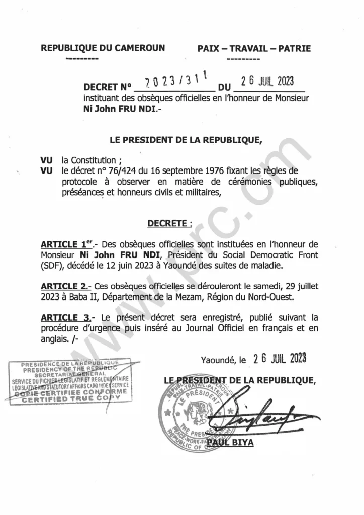 le président Paul Biya décrète des obsèques officielles pour John Fru Ndi